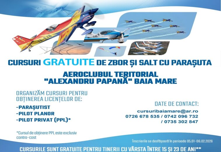 Cursuri gratuite de zbor și salt cu parașuta la Aeroclubul Baia Mare