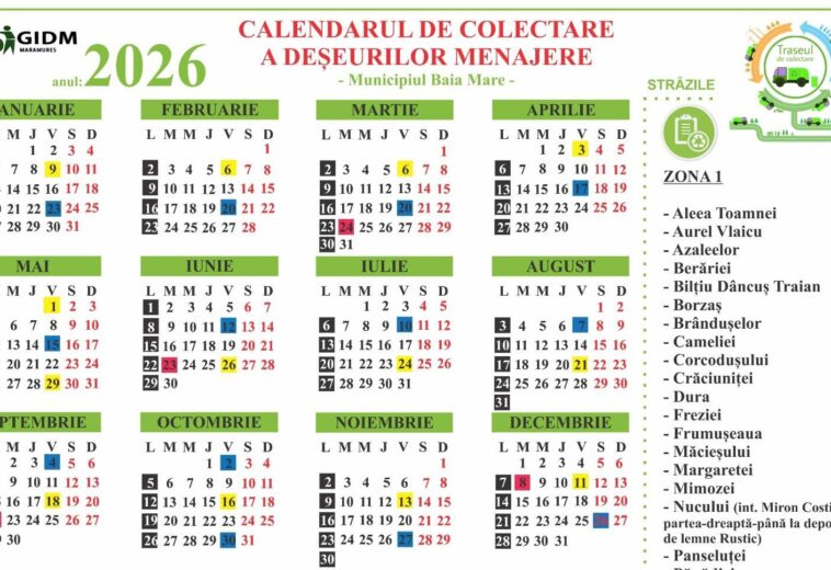 Calendarul de colectare a deșeurilor pentru 2026. Vezi când se ridică gunoiul pe strada ta din Baia Mare