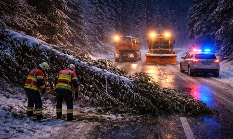 Copac prăbușit pe DN18, în Pasul Prislop. Toate drumurile naționale din Maramureș sunt curate și deschise traficului