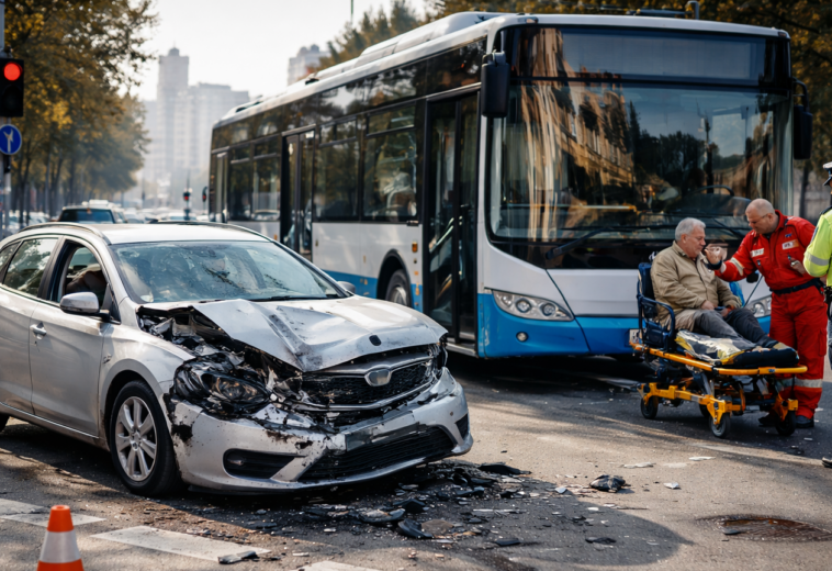 Șofer de 69 de ani, rănit după ce nu a a cordat prioritate unui autobuz