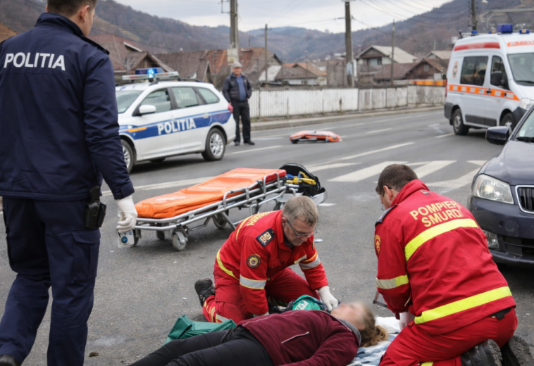 A traversat neregulamentar și a fost lovită de o mașină. Femeie ajunsă la spital în Vișeu de Sus