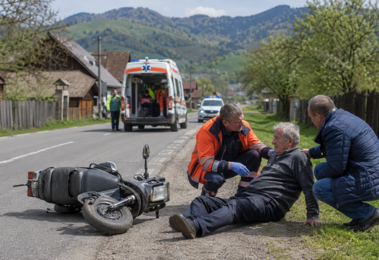 A căzut cu scuterul în Petrova. Șoferul de 73 de ani era în stare foarte avansată de ebrietate și nu deținea permis