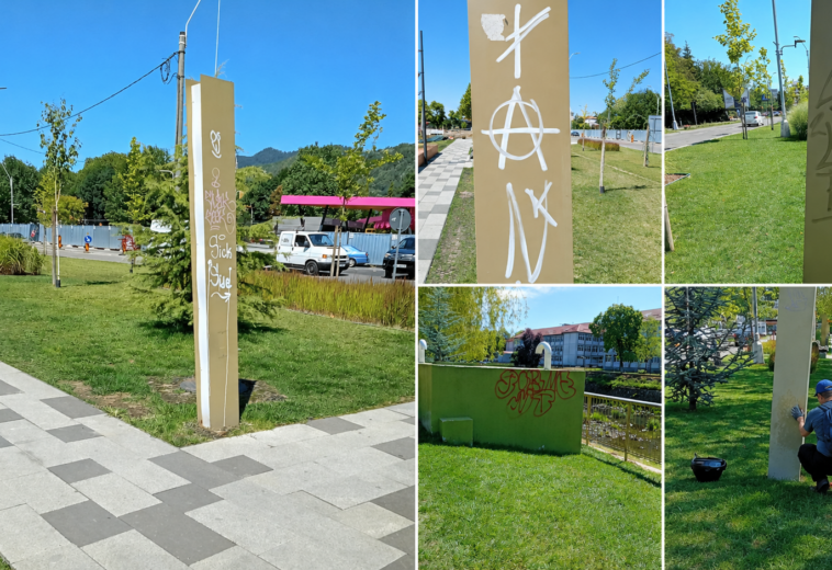 Anarhiști în Baia Mare? Stâlpii de pe malul Săsarului, mâzgăliți cu simbolul anarhiei și taguri graffiti