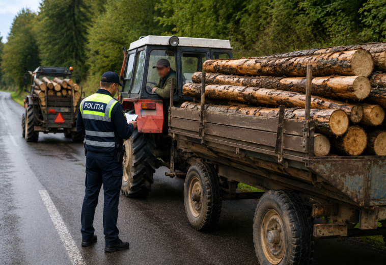 Două tractoare cu lemn fără acte, oprite în Budești. Întreaga încărcătură a fost confiscată