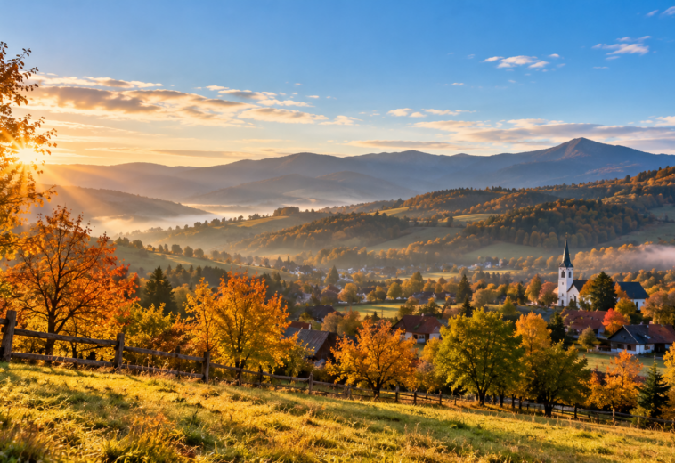 Peisaj autumnal cu sat și biserică